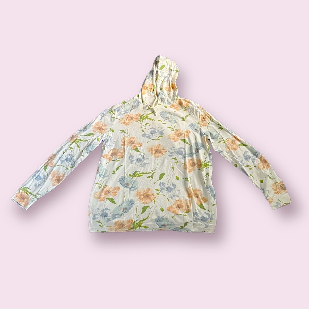 Denim & Flower Medium Long Sleeve Hoodie Floral Cotton Polyester Green Peach